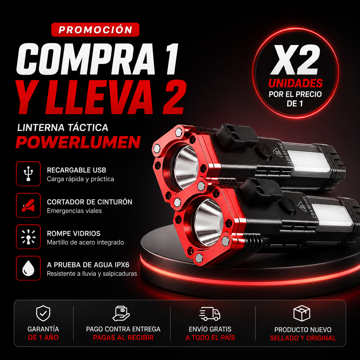 *PAGA 1 y LLÉVATE 2* Linterna Indestructible Súper Potente 6 en 1 PowerLUMEN™