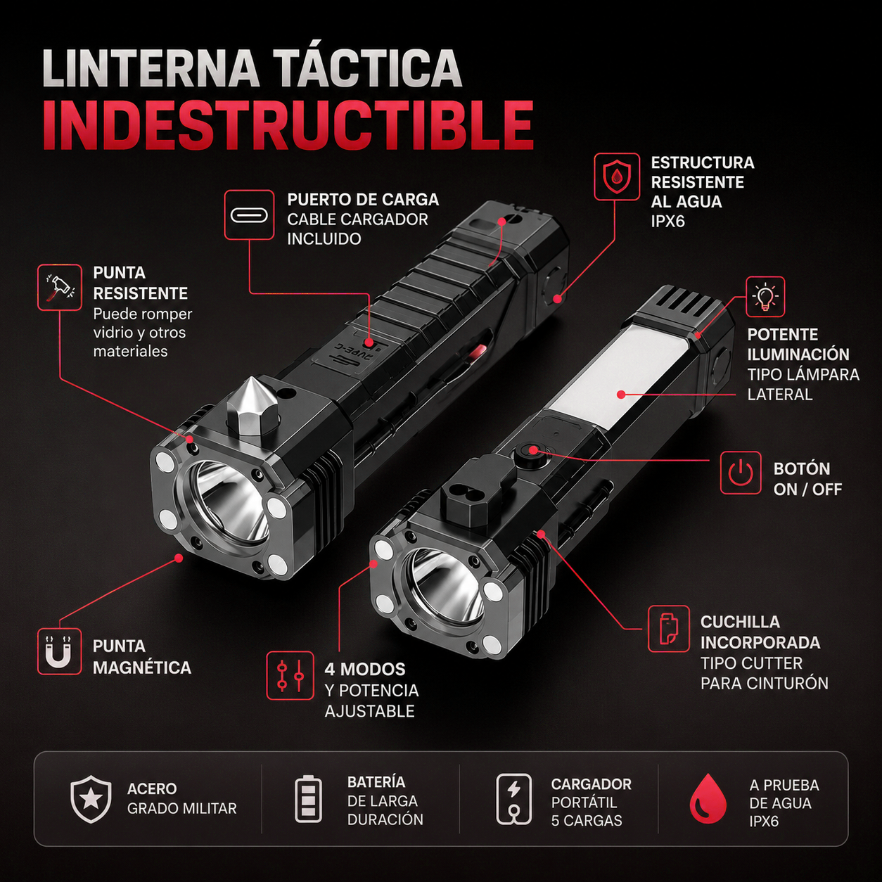 *PAGA 1 y LLÉVATE 2* Linterna Indestructible Súper Potente 6 en 1 PowerLUMEN™